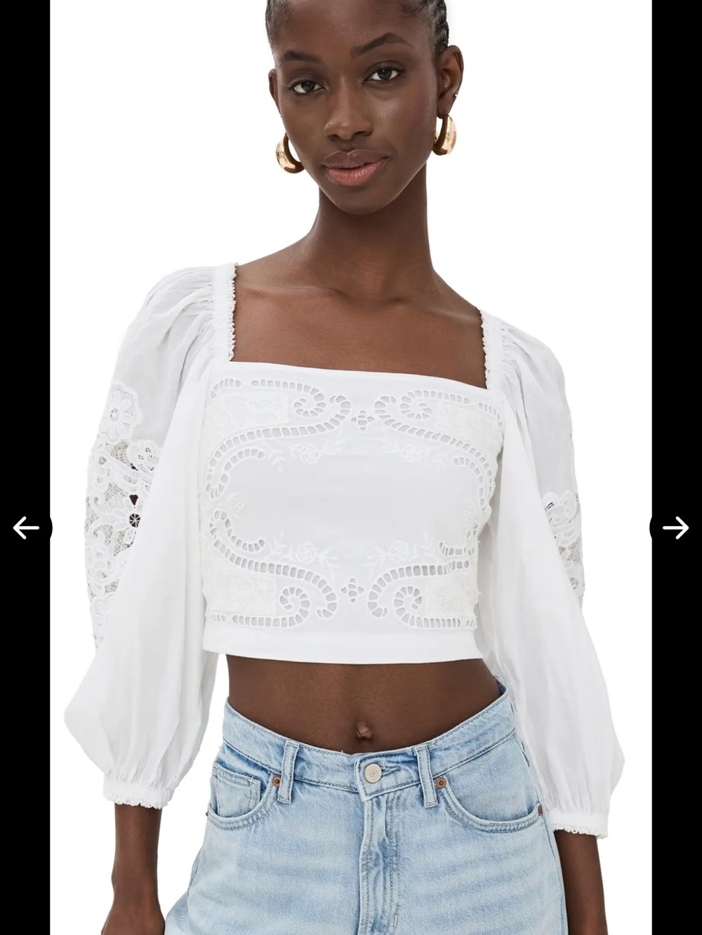 FARM Rio White Eyelet Square-Neck Puff-Sleeve Crop Top